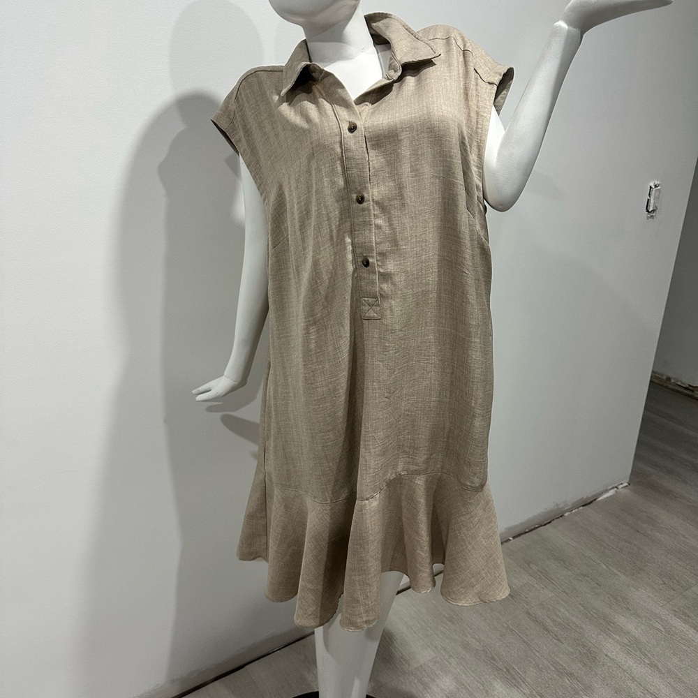 Beige Collared Cap-Sleeve Ruffle-Hem Dress